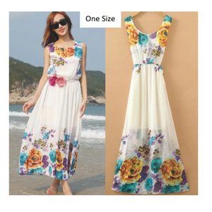 Multicolor Printed Chiffon Maxi Dress, White